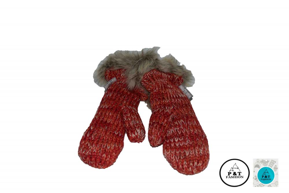 P&T Dames Wanten Gebreid - Rood - Fleece Binnenin - Pels Boord