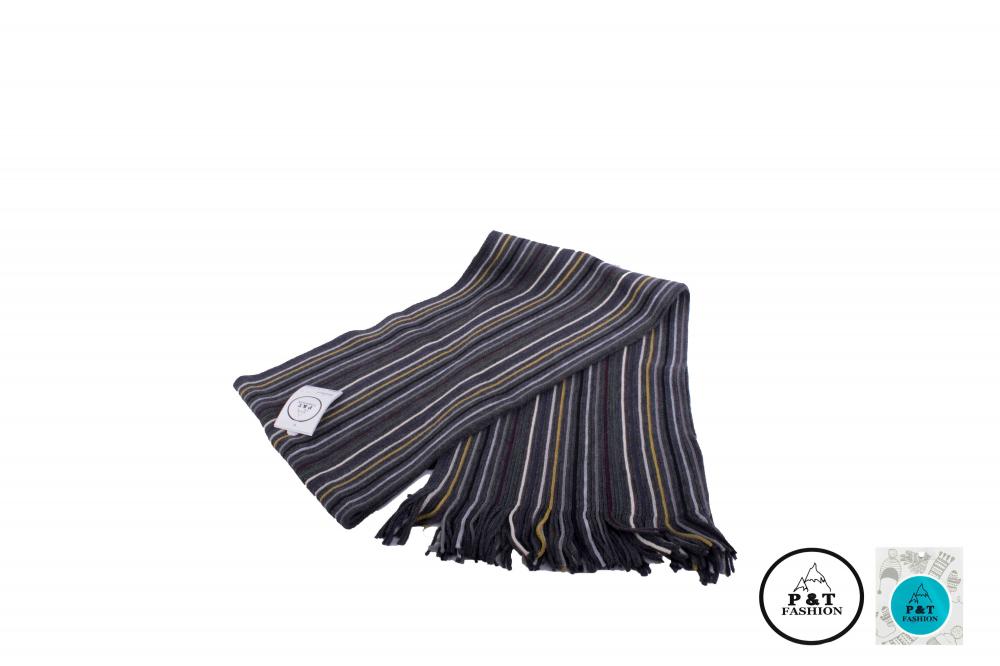 P&T Mannen Sjaal Gesteept - Grijs-Ecru-Oker-Paars - 180 x 25 cm