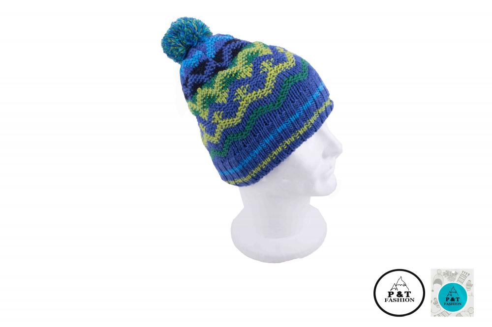 P&T Muts met Pompon - Blauw-Geel-Groen - 55-57