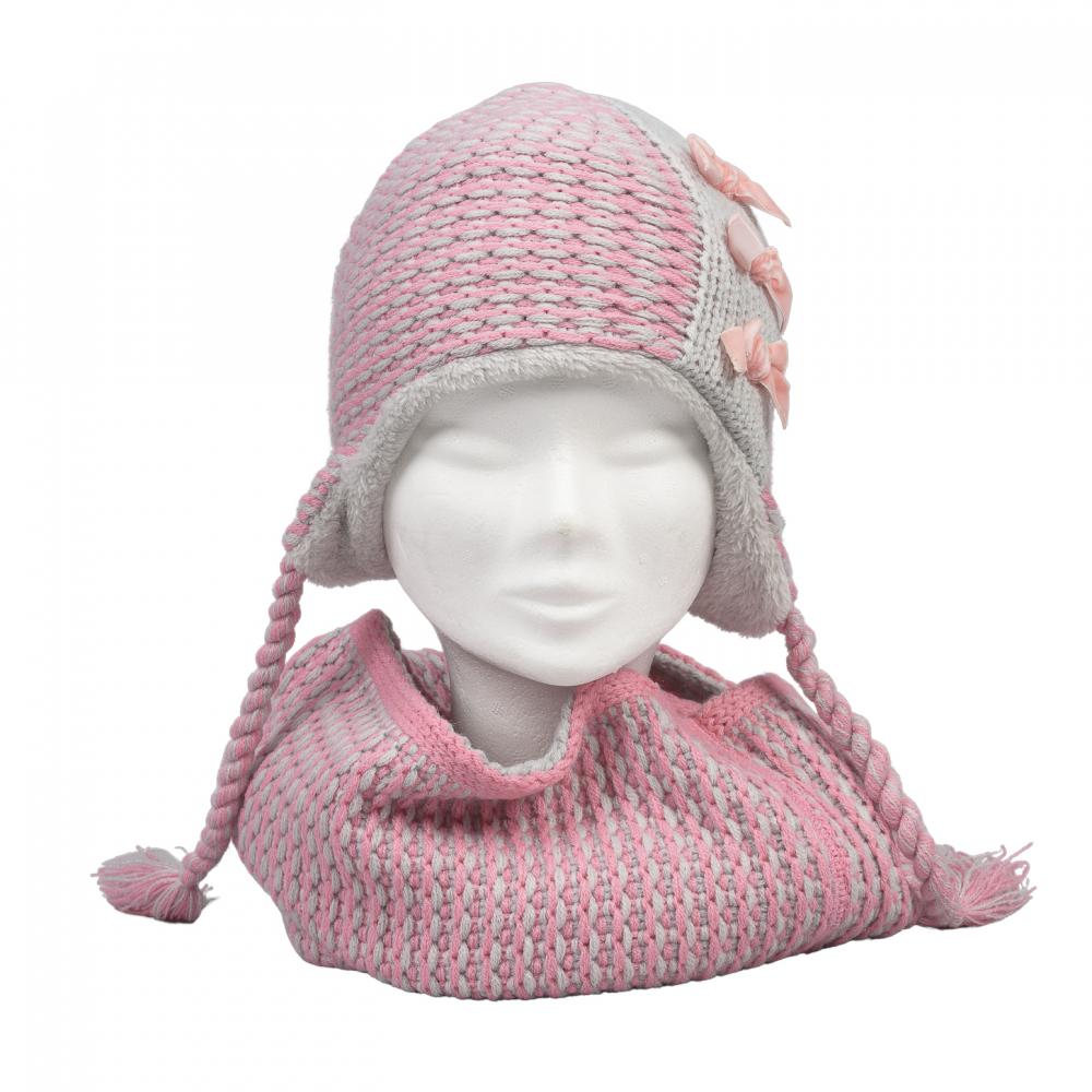 P&T Muts Kinderen met 3 Strikjes - Licht Roze/Licht Grijs