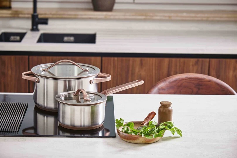 Beka Sensa Steel Pan with Softbase Base – Glass Lid with Downdraft Function – Ø 16cm – Mocha