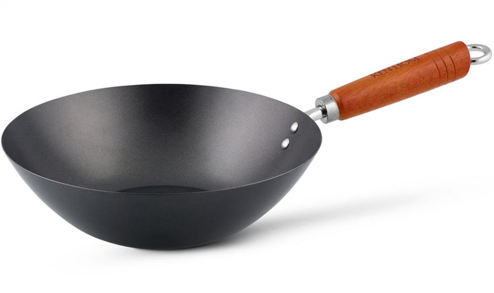 Ken Hom Classic Wok - Ø 27cm - Koolstofstaal met Antiaanbaklaag - Houten Greep