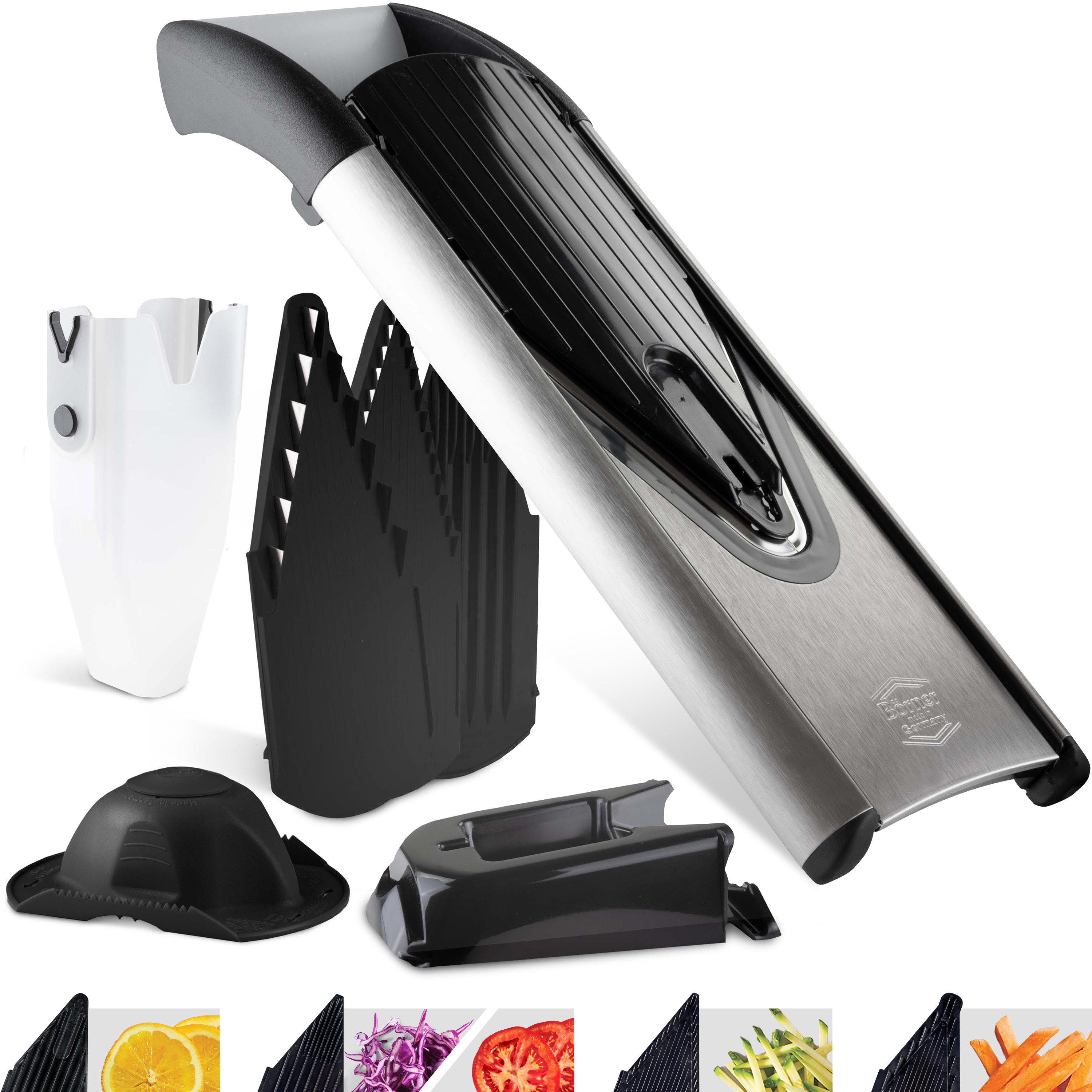 Börner Mandoline V3 TrendLine speciale set (7-delig) • groenterasp (V-rasp) opvangbak fruithouder vakken • keukenschaafset (wit Börner Mandoline V3 TrendLine speciale set (7-delig) • groenterasp (V-rasp) opvangbak fruithouder vakken • keukenschaafset (wit