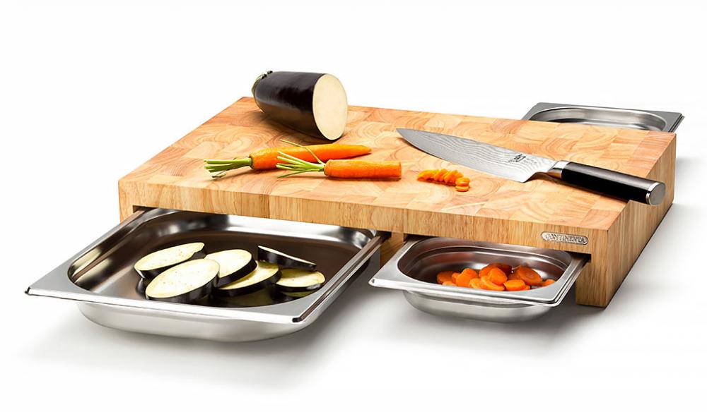 Continenta Snijplank met 3 Inox Laden - Rubberwood - 50 x 32 x H8cm