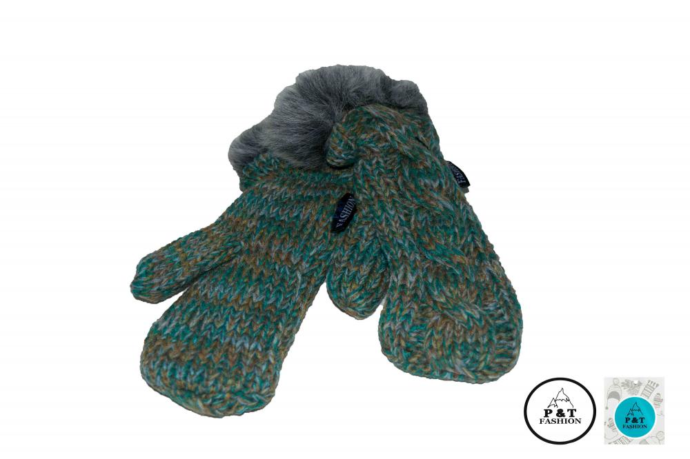 P&T Dames Wanten Gebreid - Groen - Fleece Binnenin - Pels Boord