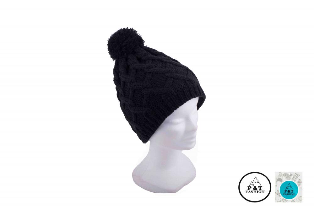 P&T Muts Kabelmotief met Pompon - Zwart - 55-57