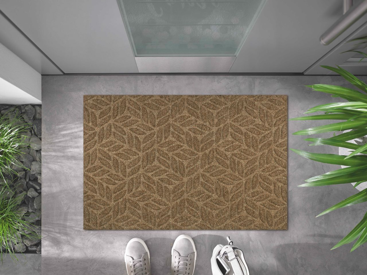 Paillasson d'extérieur Kleen-Tex DUNE Leaves taupe – un paillasson durable et anti-salissures