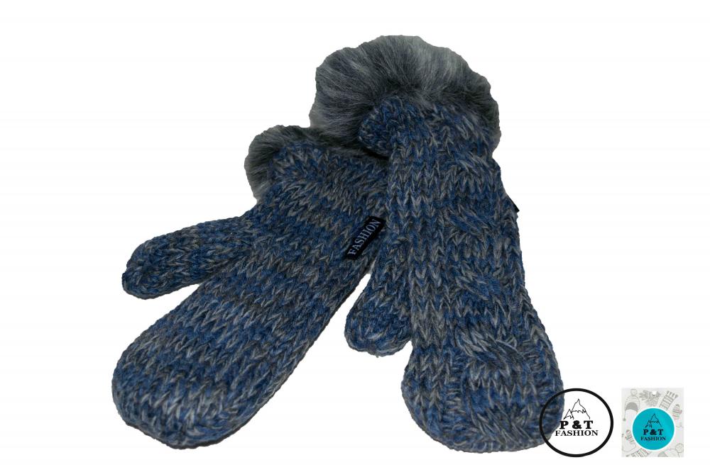 P&T Dames Wanten Gebreid - Blauw - Fleece Binnenin - Pels Boord