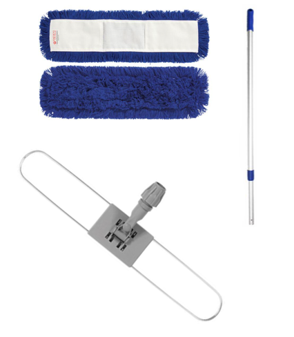 Porte-serpillière avec serpillière plate synthétique bleue + manche télescopique
