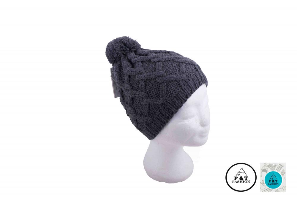 P&T Muts Kabelmotief met Pompon - Donkergrijs - 55-57