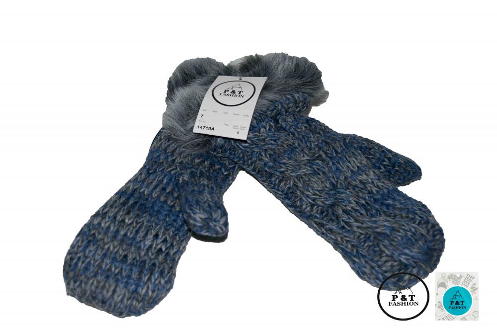 P&T Dames Wanten Gebreid - Blauw - Fleece Binnenin - Pels Boord