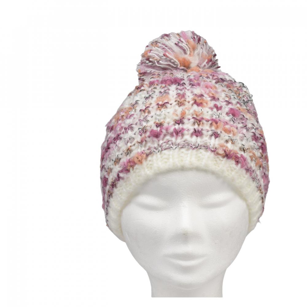 P&T Muts Meisjes Mélé met Pompon - Ecru/Roze/Framboos