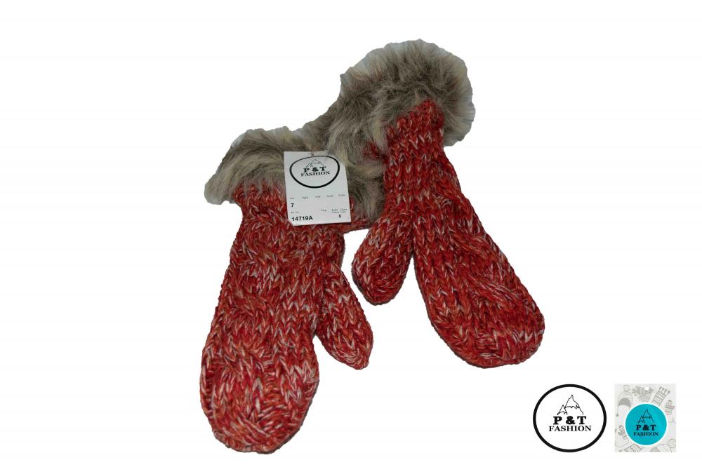 P&T Dames Wanten Gebreid - Rood - Fleece Binnenin - Pels Boord